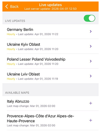 قائمة الخرائط OsmAnd الحية iOS