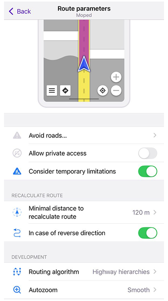 إعدادات توجيه الدراجة البخارية على iOS