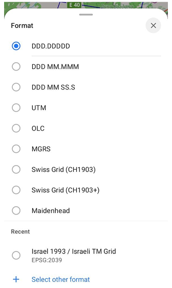 Coordinates grid menu