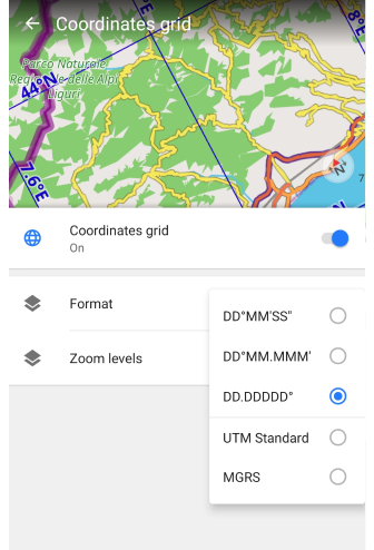 Coordinates grid menu
