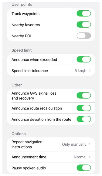 Voice Navigation settings iOS