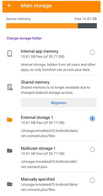 Ajustes de almacenamiento de perfiles Android