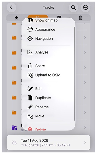 Menú contextual de un track en iOS