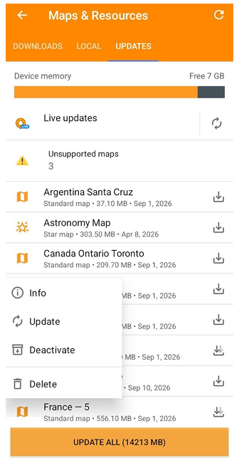 Onglet Mettre à jour les cartes Android