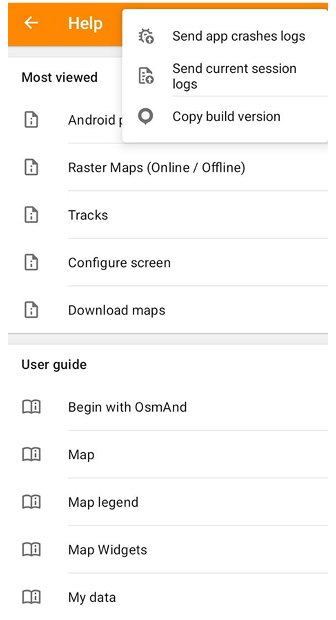 Capture d'écran du menu d'aide hors ligne Android