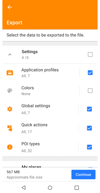 Actions de profil Exporter Android