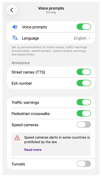 Paramètres de navigation vocale iOS