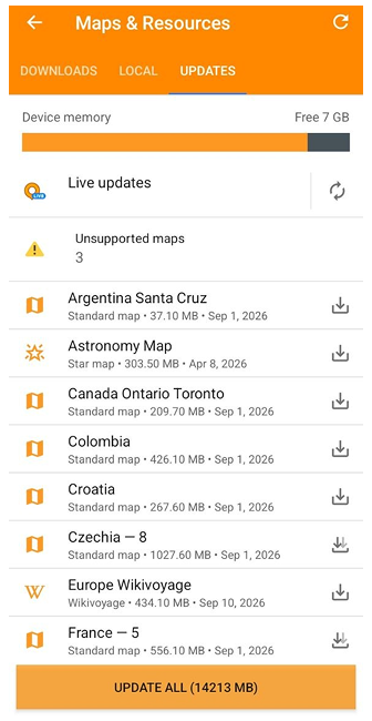 Menu Mappe Aggiorna mappe Android