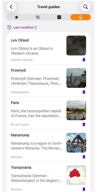 Schermata principale delle guide di viaggio 2