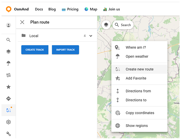 OsmAnd Web Criar Nova Rota