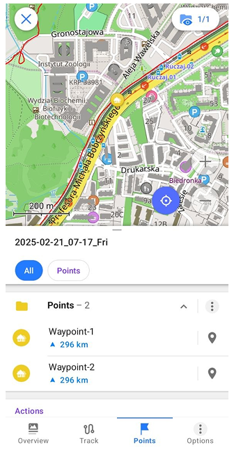 Pontos do menu de contexto da trilha Android