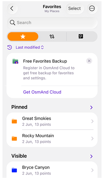 Favoriler menüsü iOS