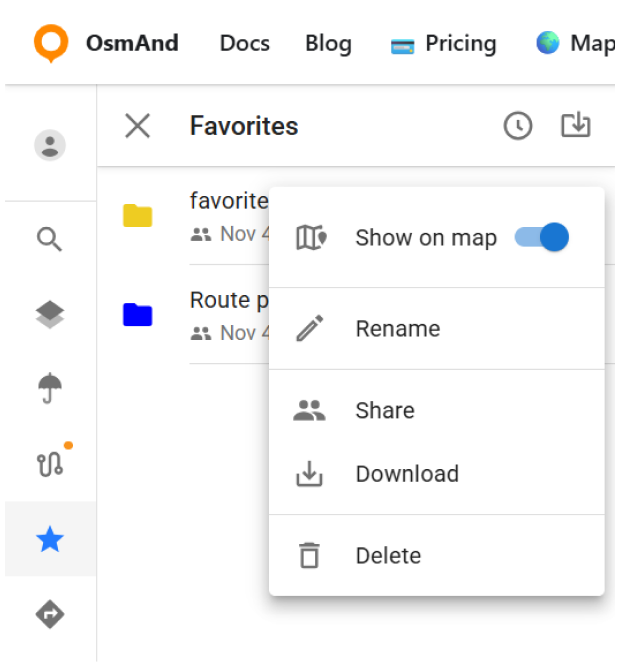 OsmAnd Web cloud Favorites edit